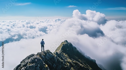 Above the clouds, where the sky meets the ethereal expanse, the scene unfolds with fluffy white clouds bathed in soft sunlight.