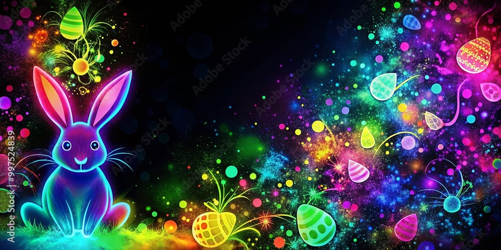 A Neon Bunny Amidst a Festive Galaxy of Easter Eggs A Neon Bunny Amidst a Festive Galaxy of Easter Eggs