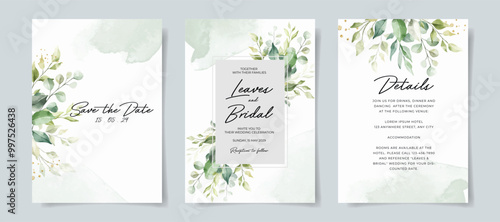 Greenery watercolor wedding invitation card template. Leaves decoration wedding card.