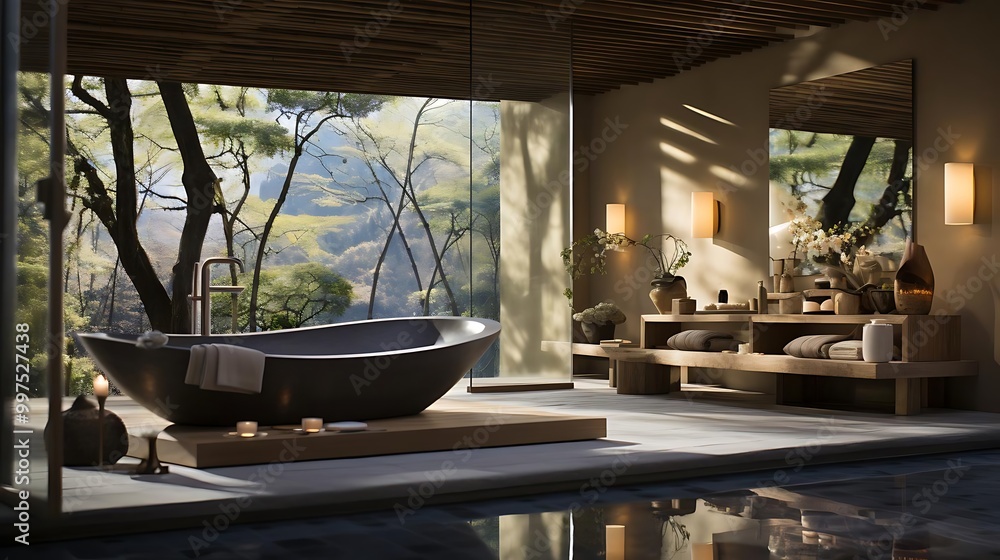 Modern bathroom with a serene view, featuring a freestanding tub and natural decor. Modern bathroom with a serene view, featuring a freestanding tub and natural decor.