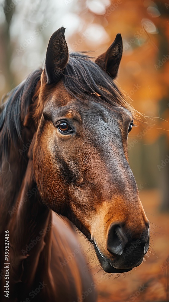 Obraz premium Close-up of brown horse in autumn forest