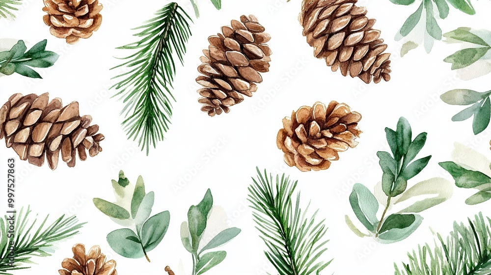 Watercolor illustration of pine cones and greenery. Watercolor illustration of pine cones and greenery.