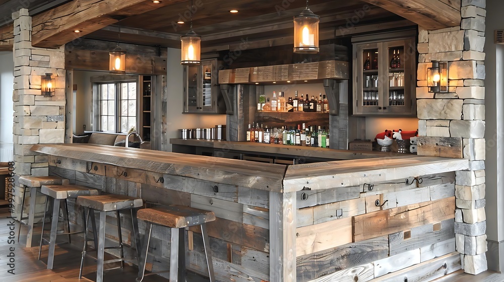 A rustic bar area featuring wooden elements and a variety of drinks. A rustic bar area featuring wooden elements and a variety of drinks.