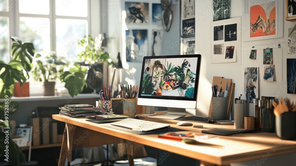 Fototapeta premium A Creative Workspace with a Computer, Art Supplies, and Plants