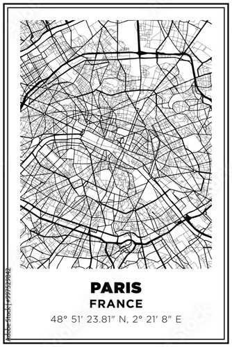 Black and white printable Street map art Paris city, France. Travel poster with coordinates, poster design, Modern Poster Wall Art Home Decor Ready to Printable