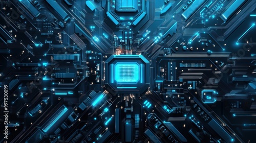 A close-up of a futuristic blue glowing circuit board