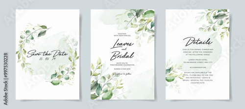 Greenery watercolor wedding invitation card template. Leaves decoration wedding card.