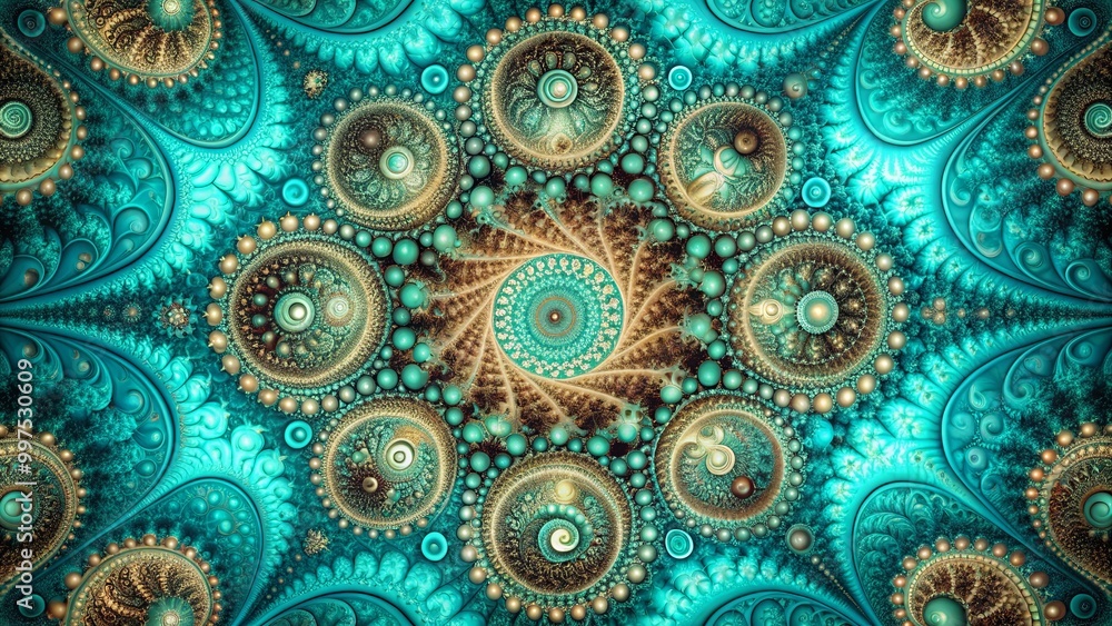 Intricate Spiral of Interlocking Circles and Swirling Patterns in Shades of Turquoise and Gold Intricate Spiral of Interlocking Circles and Swirling Patterns in Shades of Turquoise and Gold