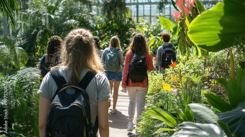 A Group of People Walking Through a Lush Tropical Greenhouse