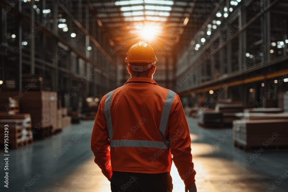 Industrial Warehouse Interior with Worker at Sunset Industrial Warehouse Interior with Worker at Sunset