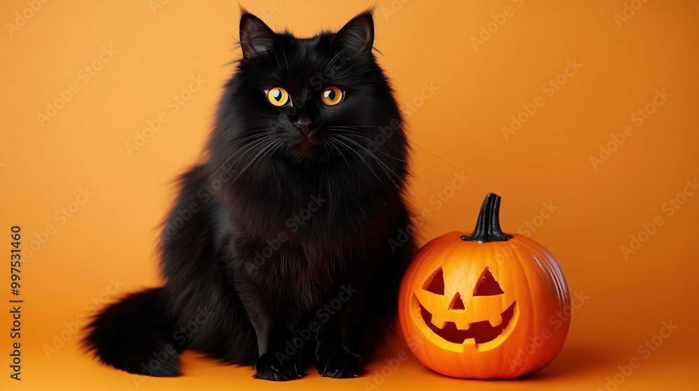 Long-haired black cat with jack o' lantern on an orange background Long-haired black cat with jack o' lantern on an orange background