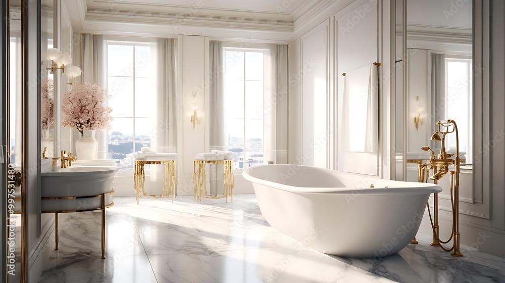 Fototapeta premium Elegant bathroom with a freestanding tub, marble floors, and stylish decor.