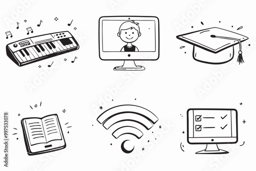 Set of vector linear illustrations related to online education and learning.Doodle collection for educational websites,blogs and social networks.