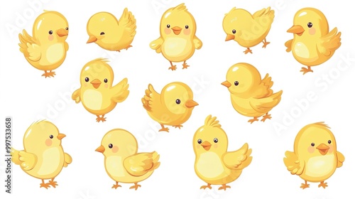 A vibrant pack of adorable chick stickers on a clean white background, showcasing a variety of playful designs. Each sticker features cute cartoon chicks in different poses and expressions, 