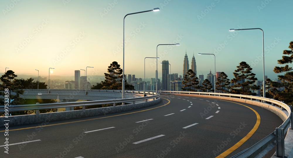 Obraz premium Empty highway leading to kuala lumpur city center at sunrise