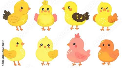 A vibrant pack of adorable chick stickers on a clean white background, showcasing a variety of playful designs. Each sticker features cute cartoon chicks in different poses and expressions, 