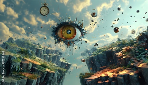 Surreal dreamscape with floating eyes, melting clocks, and fragmented landscapes in vibrant high-quality clarity photo