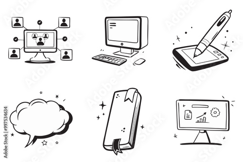 Set of vector linear illustrations related to online education and learning.Doodle collection for educational websites,blogs and social networks.