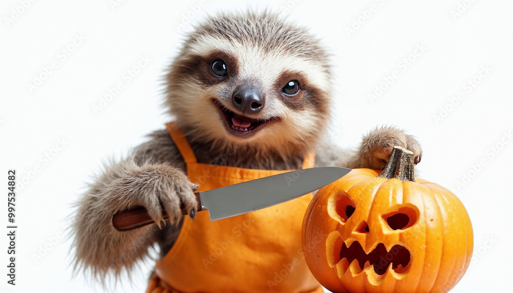 Fototapeta premium Sloth carve pumpkins for halloween decorations