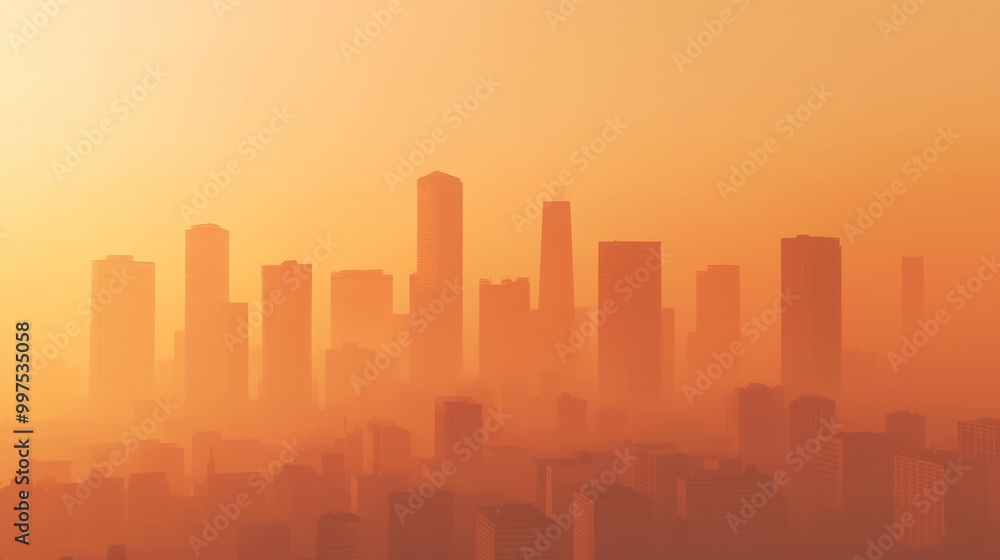 Naklejka premium Magnificent skyline of a bustling urban metropolis silhouetted against a vibrant orange and yellow sky at dramatic sunset or sunrise