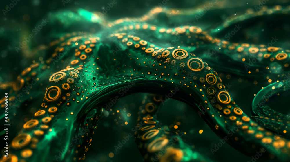Obraz premium Image of a green octopus tentacle with gold detailing and sparkles.