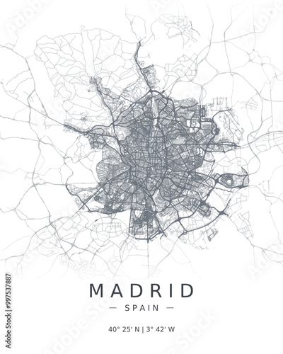 Madrid minimalist map with highways and streets. Printable map for decoration