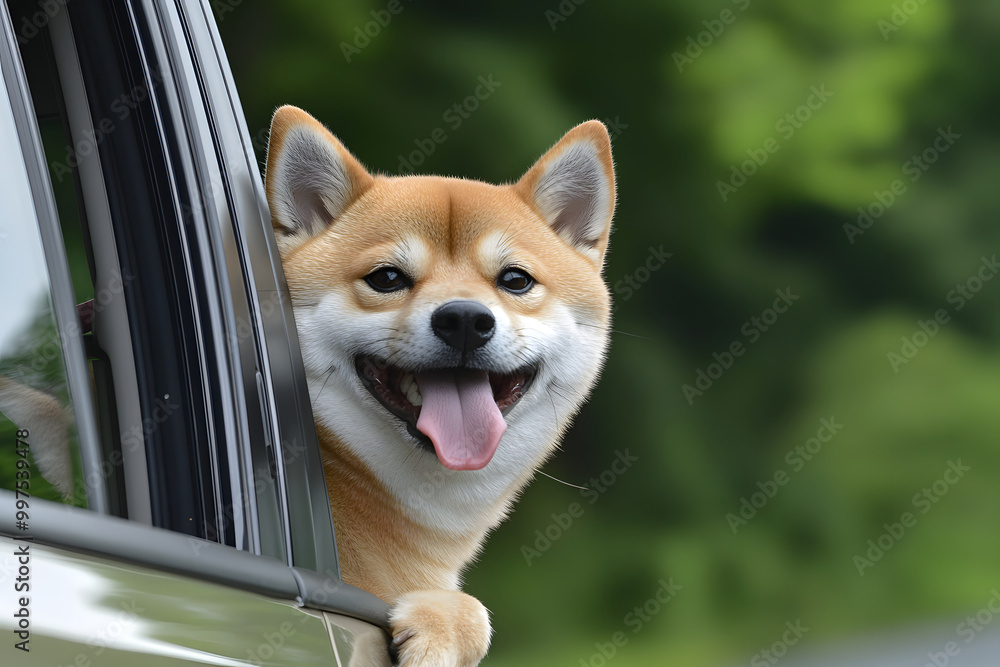柴犬が車の窓から顔を出し気持ちよさそうにしている表情 柴犬が車の窓から顔を出し気持ちよさそうにしている表情