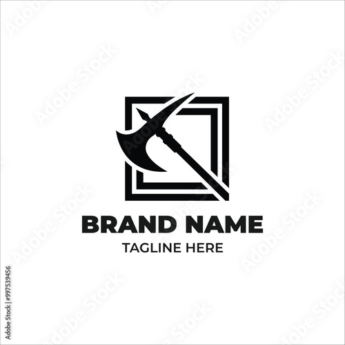 War axe logo featuring a sharp, stylized blade, symbolizing strength, power, and resilience in a minimalistic design
