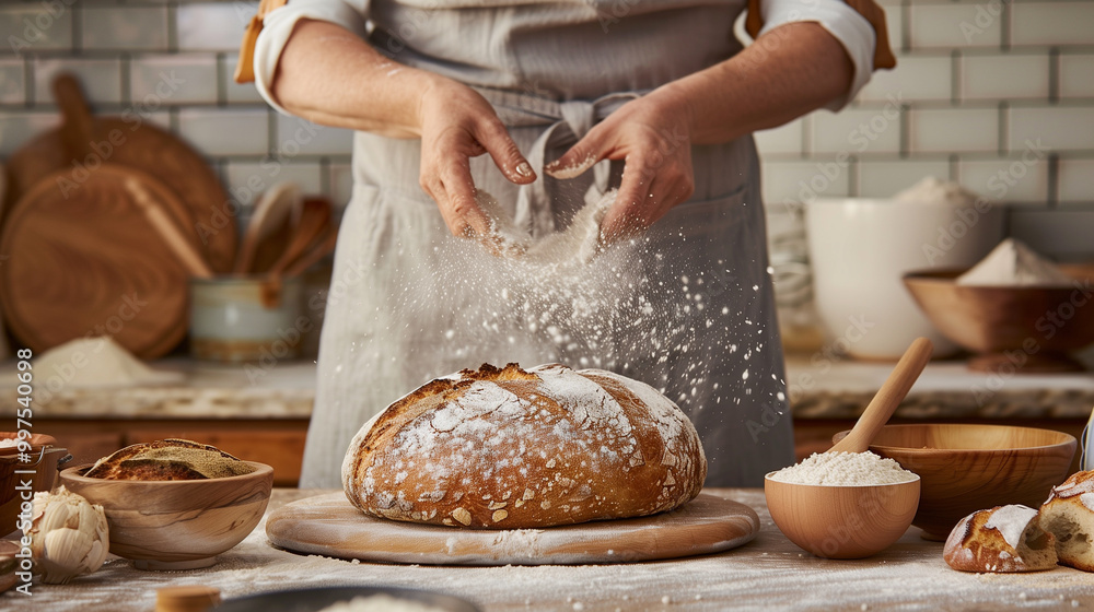 Baker dusting freshly baked artisan bread with flour in a warm kitchen setting Baker dusting freshly baked artisan bread with flour in a warm kitchen setting