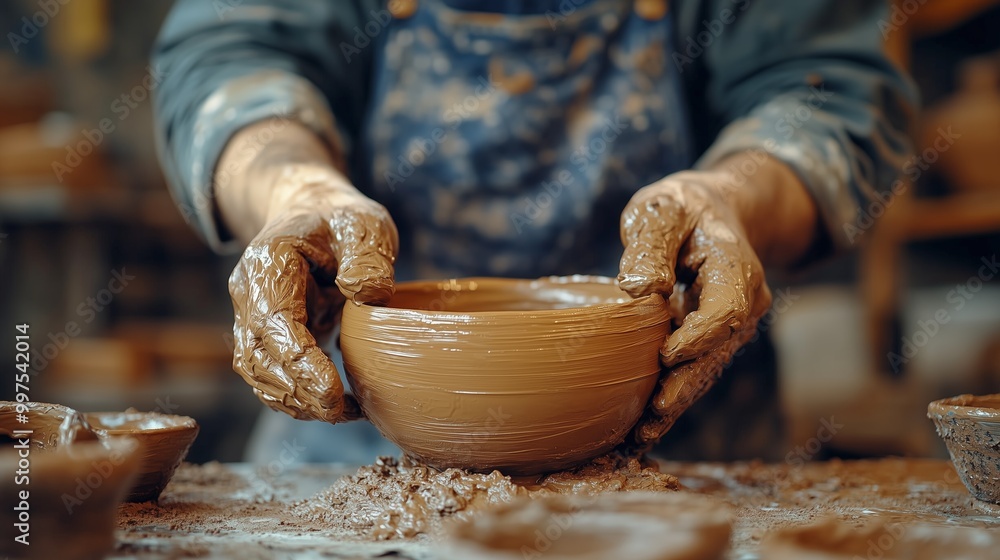 Ceramist hands shape a clay bowl in a ceramic studio, showcasing artistic pottery techniques. Creating a handcrafted clay bowl in a ceramic studio during a pottery session. Ceramist hands shape a clay bowl in a ceramic studio, showcasing artistic pottery techniques. Creating a handcrafted clay bowl in a ceramic studio during a pottery session.