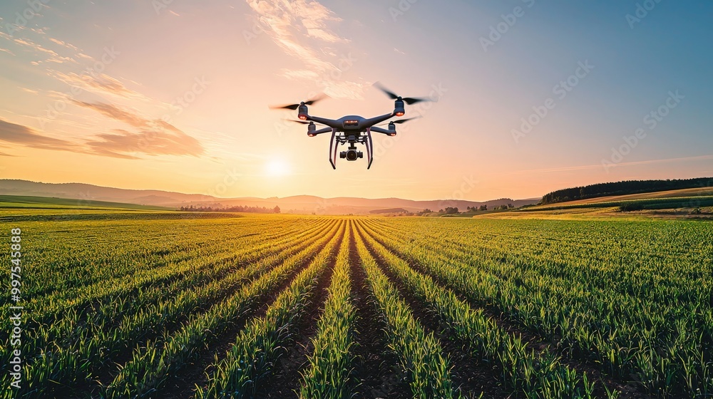 A drone flying over a vast field, capturing data for precision farming A drone flying over a vast field, capturing data for precision farming