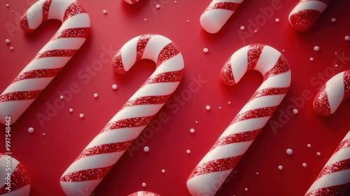 Festive Red and White Candy Canes on Red Background with Decorative Sugar Sprinkles - Holiday Christmas Theme photo