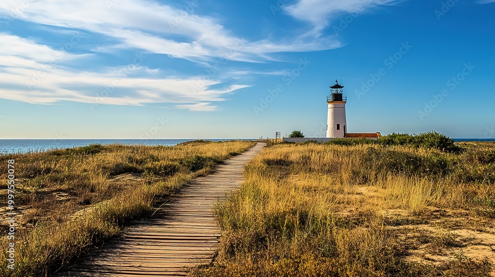A picturesque lighthouse standing majestically by the seaside, surrounded by crashing waves and a clear blue sky. The image captures the charm and beauty of coastal scenery, emphasizing the lighthouse A picturesque lighthouse standing majestically by the seaside, surrounded by crashing waves and a clear blue sky. The image captures the charm and beauty of coastal scenery, emphasizing the lighthouse