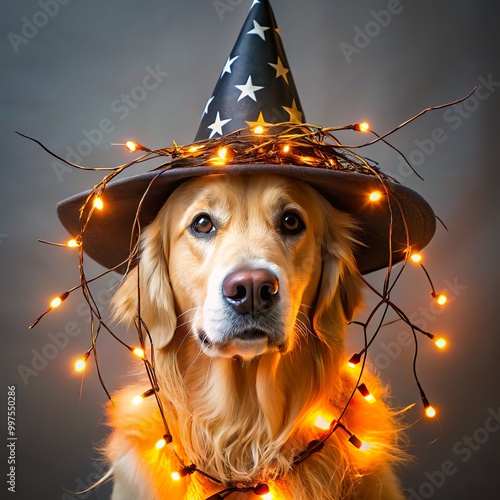 Golden Retriever with Halloween lights tangled around it while wearing a witch’s hat.