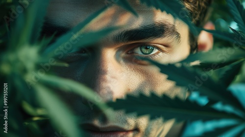 Portrait of a Man Blending with Cannabis Foliage