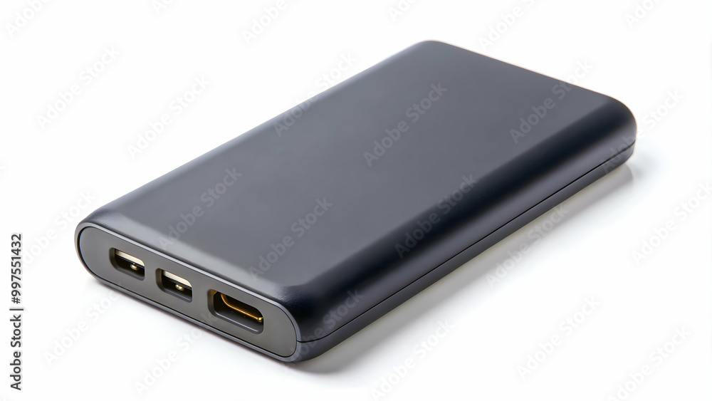 Black powerbank with USB port and USB C port on white background, powerbank, black, USB port, USB C port Black powerbank with USB port and USB C port on white background, powerbank, black, USB port, USB C port