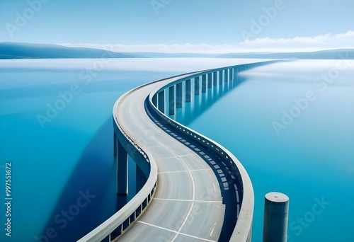A long, curved concrete bridge or viaduct stretching across a serene, turquoise-colored body of water