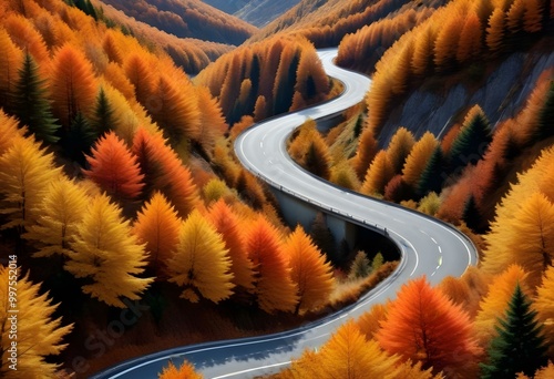 A winding road through a forest with vibrant orange and yellow autumn foliage, surrounded by a mountainous landscape photo