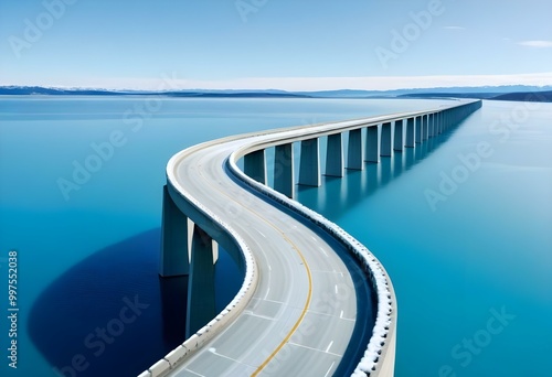 A long, curved concrete bridge or viaduct stretching across a serene, turquoise-colored body of water