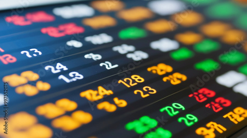 A close-up shot of a stock market screen displaying fluctuating numbers in vibrant colors, representing financial data and market analysis.