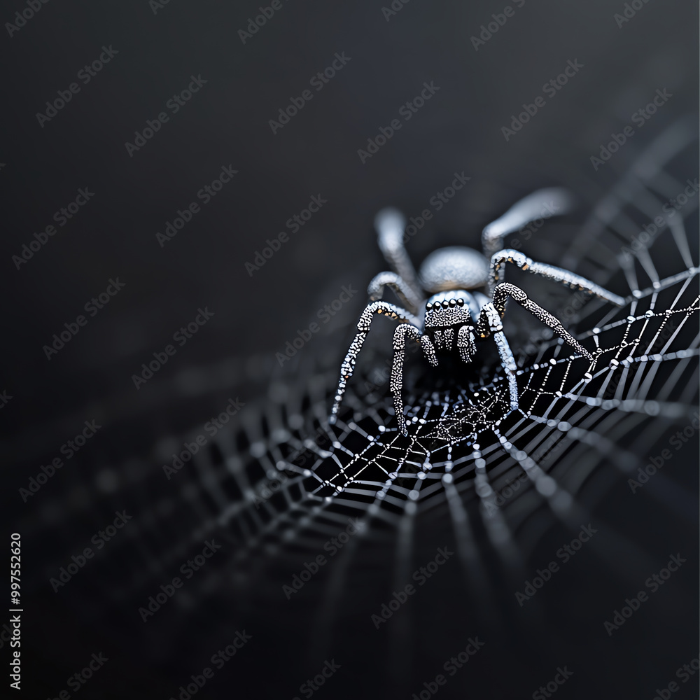 Close-up of a spider on its intricate web against a dark background. Close-up of a spider on its intricate web against a dark background.