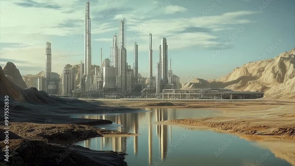 Timelapse tracking sideways with view of stainless steel industrial plant/refinery in the desert over a pond of reflecting water on a party cloudy day. Timelapse tracking sideways with view of stainless steel industrial plant/refinery in the desert over a pond of reflecting water on a party cloudy day.