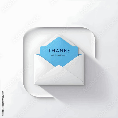 Letter in an envelope with thanks or thank you on white background icon. Send to email, mail. Blue. Flat design. On white background