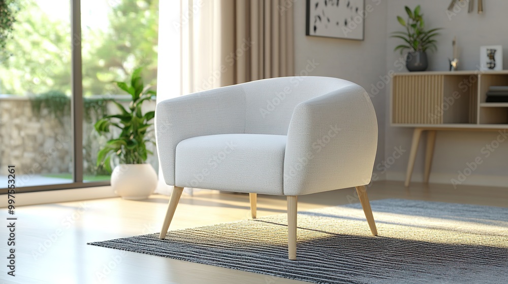 A modern fabric chair mockup, featuring a sleek design upholstered in white fabric, placed in a stylish living room with natural lighting. A modern fabric chair mockup, featuring a sleek design upholstered in white fabric, placed in a stylish living room with natural lighting.