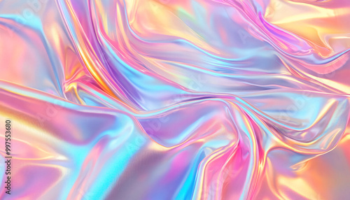 Iridescent, holographic patterns in pastel shades, creating a futuristic, dreamy effect that shifts in color and tone