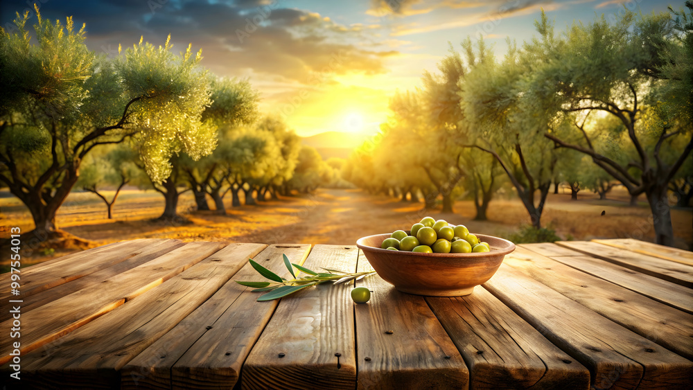 Obraz premium Sunlit olive orchard with rustic wooden table and bowl of fresh olives at sunset, olive orchard, sunlit, rustic