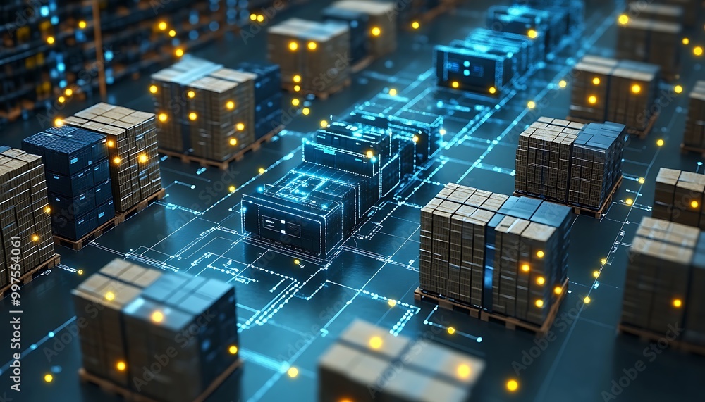 an isometric illustration of a smart warehouse management system emphasizing inventory control. with IoT device design an isometric illustration of a smart warehouse management system emphasizing inventory control. with IoT device design