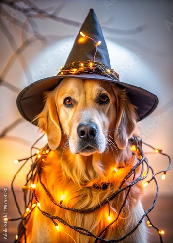 Golden Retriever with Halloween lights tangled around it while wearing a witch’s hat.