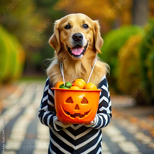 Golden Retriever wearing a skeleton outfit while carrying a candy bucket.