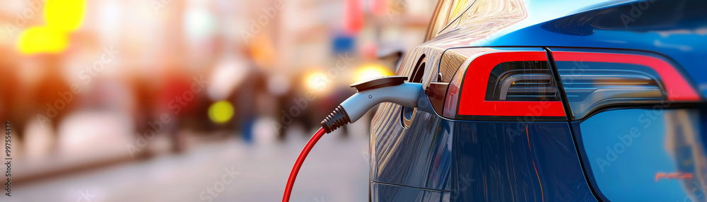 modern electric car is charging in urban setting, showcasing its sleek design and advanced technology. vibrant city backdrop adds to scenes dynamic energy modern electric car is charging in urban setting, showcasing its sleek design and advanced technology. vibrant city backdrop adds to scenes dynamic energy